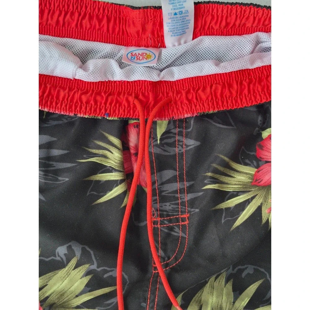 Sand N Sun Tropical Floral Swim Trunks Mens‎ Size M Black Hawaiian Board Shorts